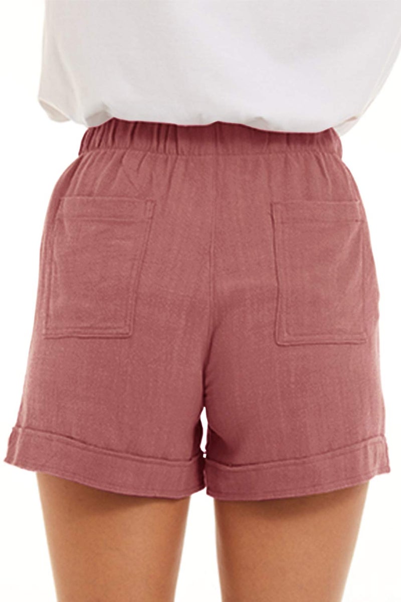KINGFEN Women Shorts Womens Cozy Elastic Waist Comfy Drawstring Pull On Linen Beach Shorts for Big Thighs with Pockets Casual Drawstring Summer Lounge Cotton Short Dark Pink X-Large - Image 4